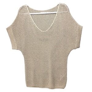 Esqualo‎ Top Womens M Mesh Beige Metallic Gold Sheer Stretch Knit Neutral Beachy